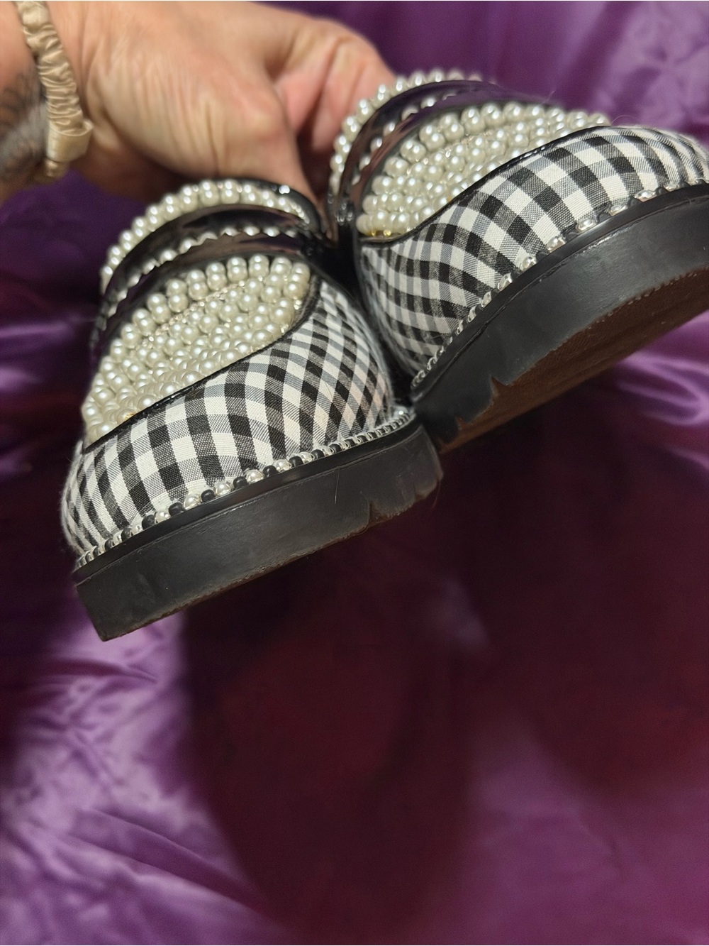 Betsey Johnson Black & White Gingham Pearl-Embellished Loafers